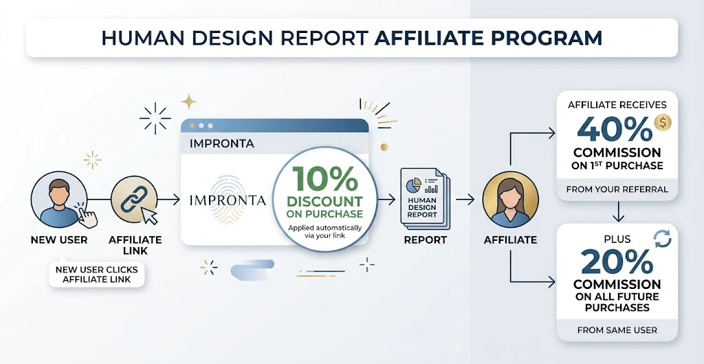 Diagram of the journey: a new user opens the affiliate link, buys a Human Design report at the reserved discount, and the affiliate earns a commission on the first sale and one on every later purchase by the same user.